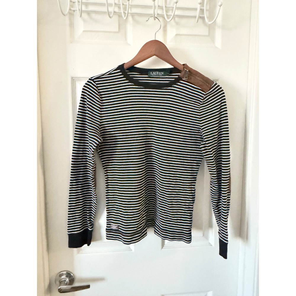 Lauren Ralph Lauren Striped Long Sleeve Top Elbow Patch Zipper Black White M